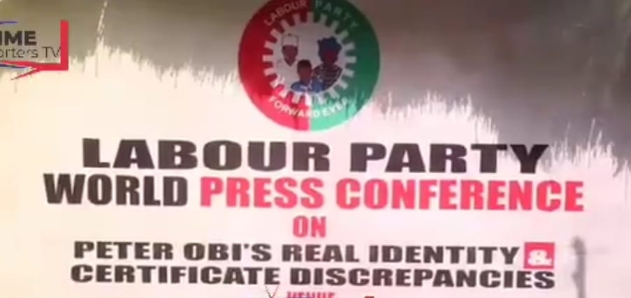 Banner-Abayomi Arabambi-At Press Conference, Abayomi Arabambi, Said Peter Obi Stole Brother Gregory Obi'S Identity.