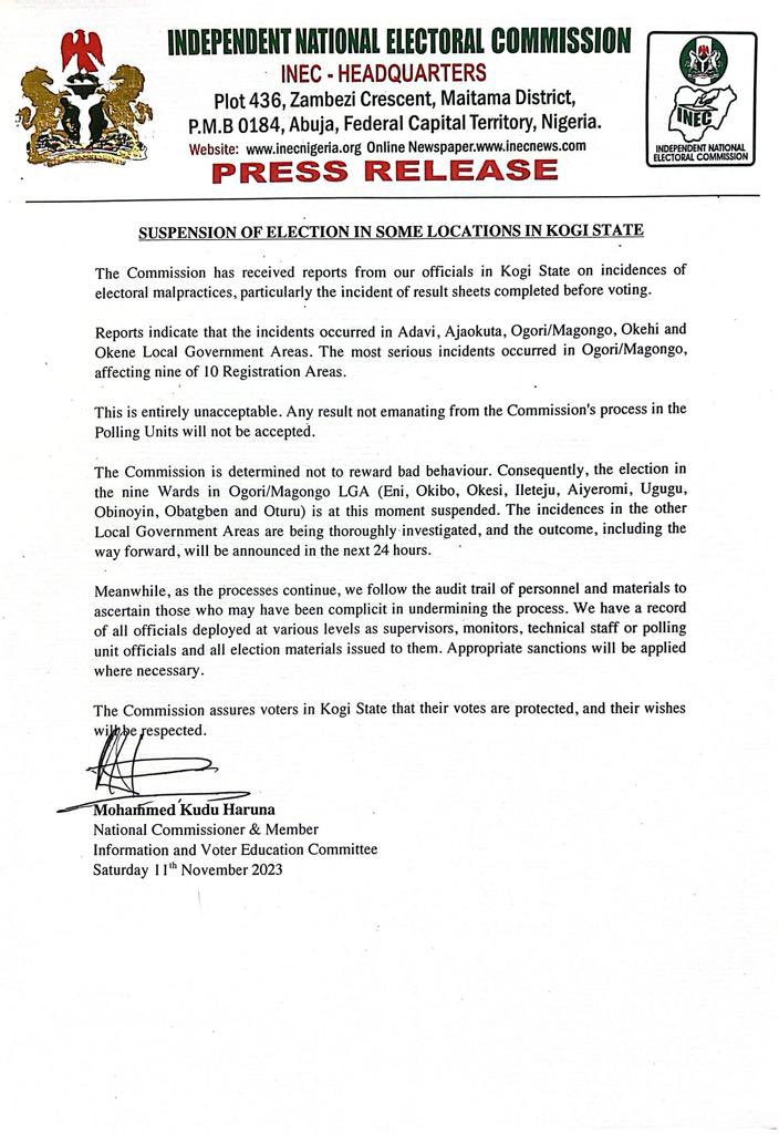 Inec Suspends Elections In Kogi State Amidst Electoral Malpractices In November 11, 2023 Election Battle