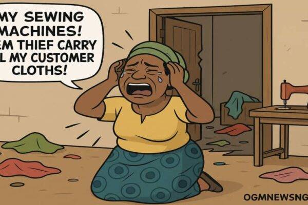 Madam Stella Cry River as Thieves Carry Her 4 Sewing Machines and Customer Cloths Wahala Don Burst.