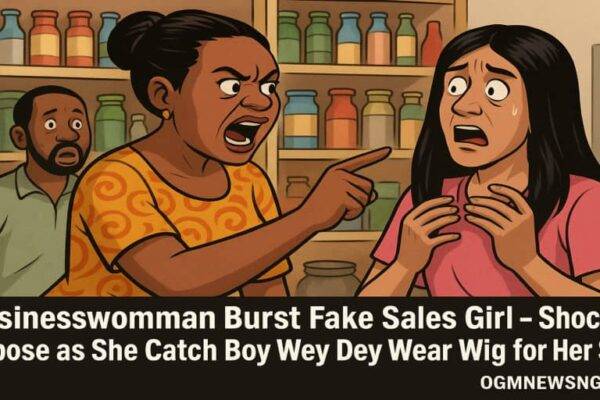 Businesswoman Burst Fake Sales Girl – Shocking Expose as She Catch Boy Wey Dey Wear Wig for Her Shop