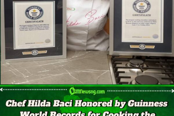 Hilda Baci Proudly Receives Guinness World Record Plaque for Cooking the Largest Pot of Jollof Rice in History
