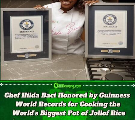 Hilda Baci Proudly Receives Guinness World Record Plaque for Cooking the Largest Pot of Jollof Rice in History