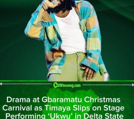 Timaya Stumbles on Stage While Lifting Plus-Sized Fan at Gbaramatu Christmas Carnival