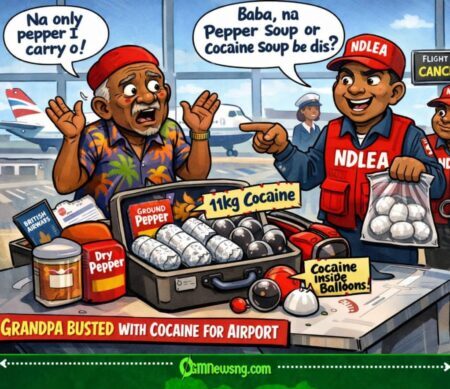 NDLEA Catch 74-Year-Old Grandpa Wey Carry 11kg Cocaine For Food Bag, For Abuja Airport As Him Dey Go UK
