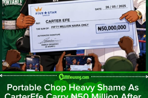 Portable Chop Beating, Carter Efe Finally Carry ₦50 Million Cheque From E-Money