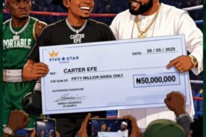 Portable Chop Beating, Carter Efe Finally Carry ₦50 Million Cheque From E-Money