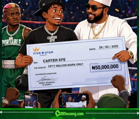 Portable Chop Beating, Carter Efe Finally Carry ₦50 Million Cheque From E-Money