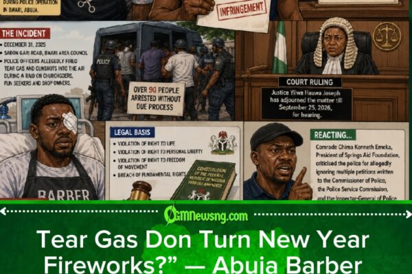 Tear Gas Countdown” — Abuja Barber Says Police New Year Operation Leave Am With One Eye And N1bn Court Wahala