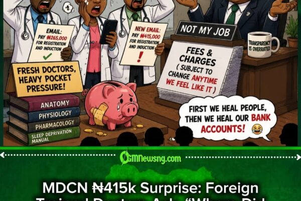 MDCN ₦415k Surprise: Fresh Doctors Face Registration Storm As Fee Jump Leaves Graduates Searching For Answers