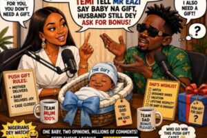 Push Gift Palava: Temi Tell Mr Eazi Say Baby Na Gift, Husband Still Dey Ask For Bonus
