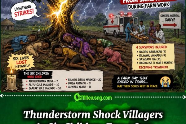 Thunderstorm Wahala: Tree Weh Promise Shelter Allegedly Hand Over Six Pikin To Lightning