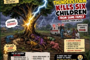 Thunderstorm Wahala: Tree Weh Promise Shelter Allegedly Hand Over Six Pikin To Lightning