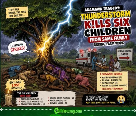 Thunderstorm Wahala: Tree Weh Promise Shelter Allegedly Hand Over Six Pikin To Lightning