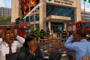 Fire Chop Federal Mortgage Bank Office for Abuja, Property Wey Dem Say Reach ₦500 Million Turn Smoke