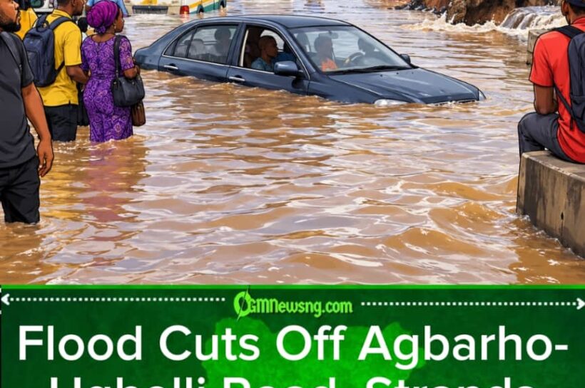 Flood Turn Agbarho-Ughelli Road to Waterway, Commuters Ask: “Na Road We Dey Travel or River?”