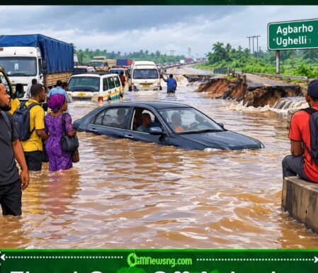 Flood Turn Agbarho-Ughelli Road to Waterway, Commuters Ask: “Na Road We Dey Travel or River?”