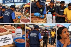 Sniper Usage On Beans In Ekiosa Market Wahala: Trader Allegedly Turn Beans to “Chemical Project”, Police Carry Am Go