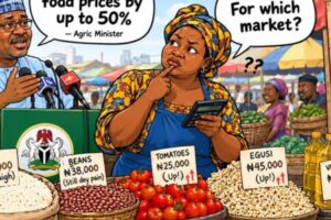FOOD PRICES: FG Says 50% Don Go Down, But Market Woman Still Dey Calculate