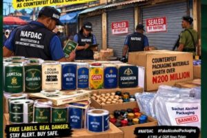 ₦200 MILLION FAKE ALCOHOL PACKAGING! NAFDAC SEAL FIVE SHOPS FOR ABA AS COUNTERFEIT LABELS CAUSE WAHALA